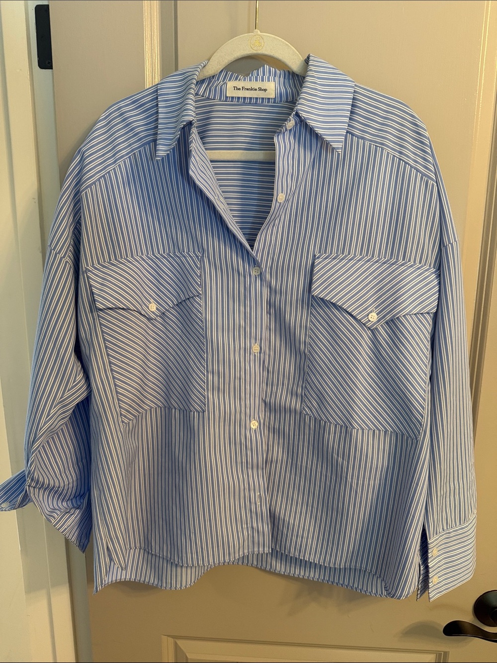 The Frankie Shop Blue and White Striped Relaxed Button-Down Shirt 50%cotton/poly
